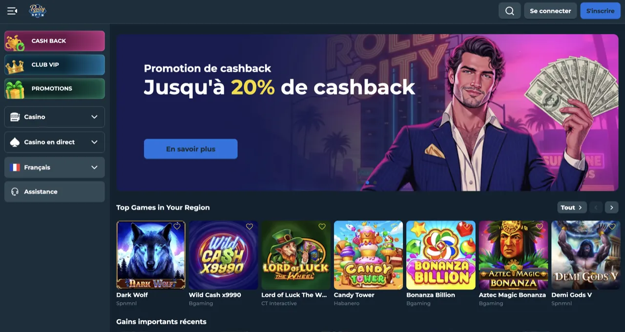 le plus grand choix de jeux, aperçu de la plateforme RollySpin